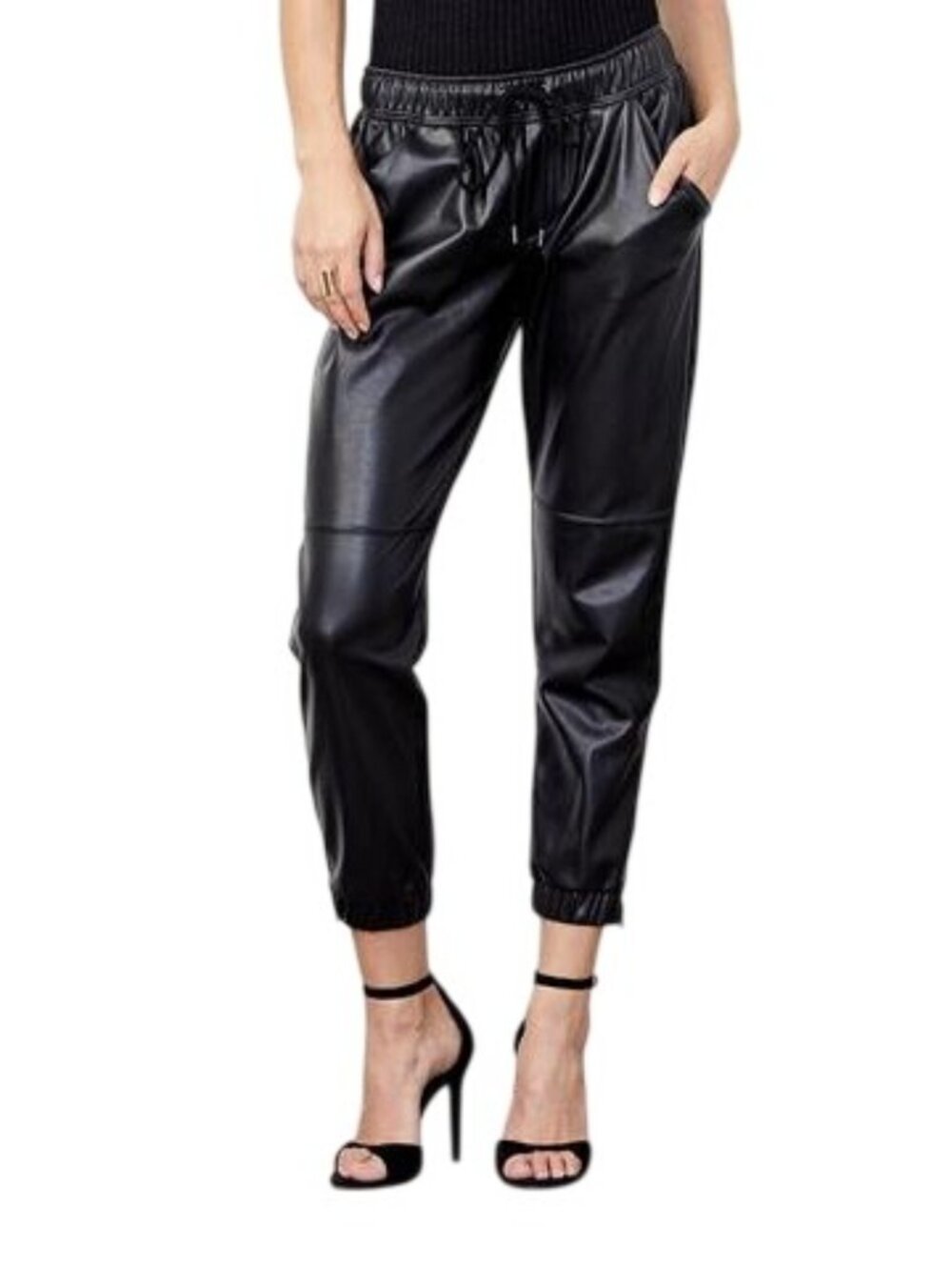 David Lerner Jogger XS Faux Leather Pull On Elastic Waist Ankle Zip Black Grunge
